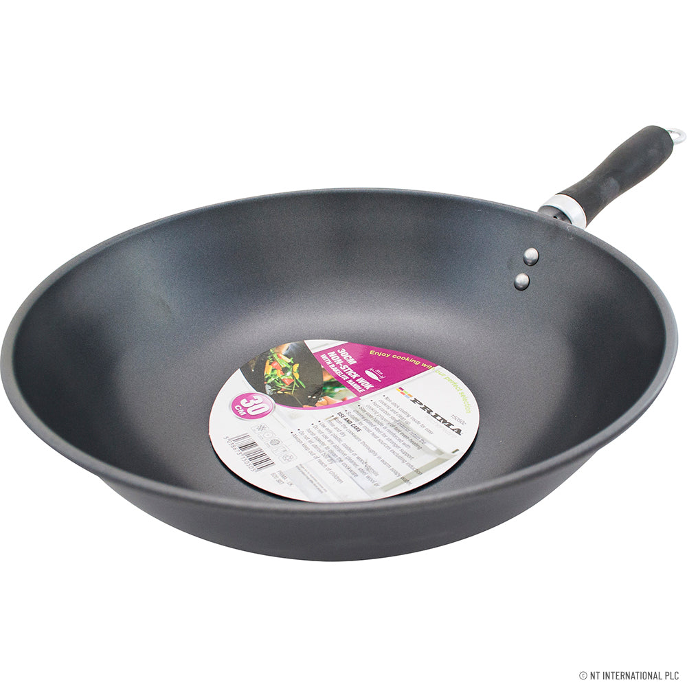 Wok antiadhésif de 30 cm avec un élégant manche en bakélite noire