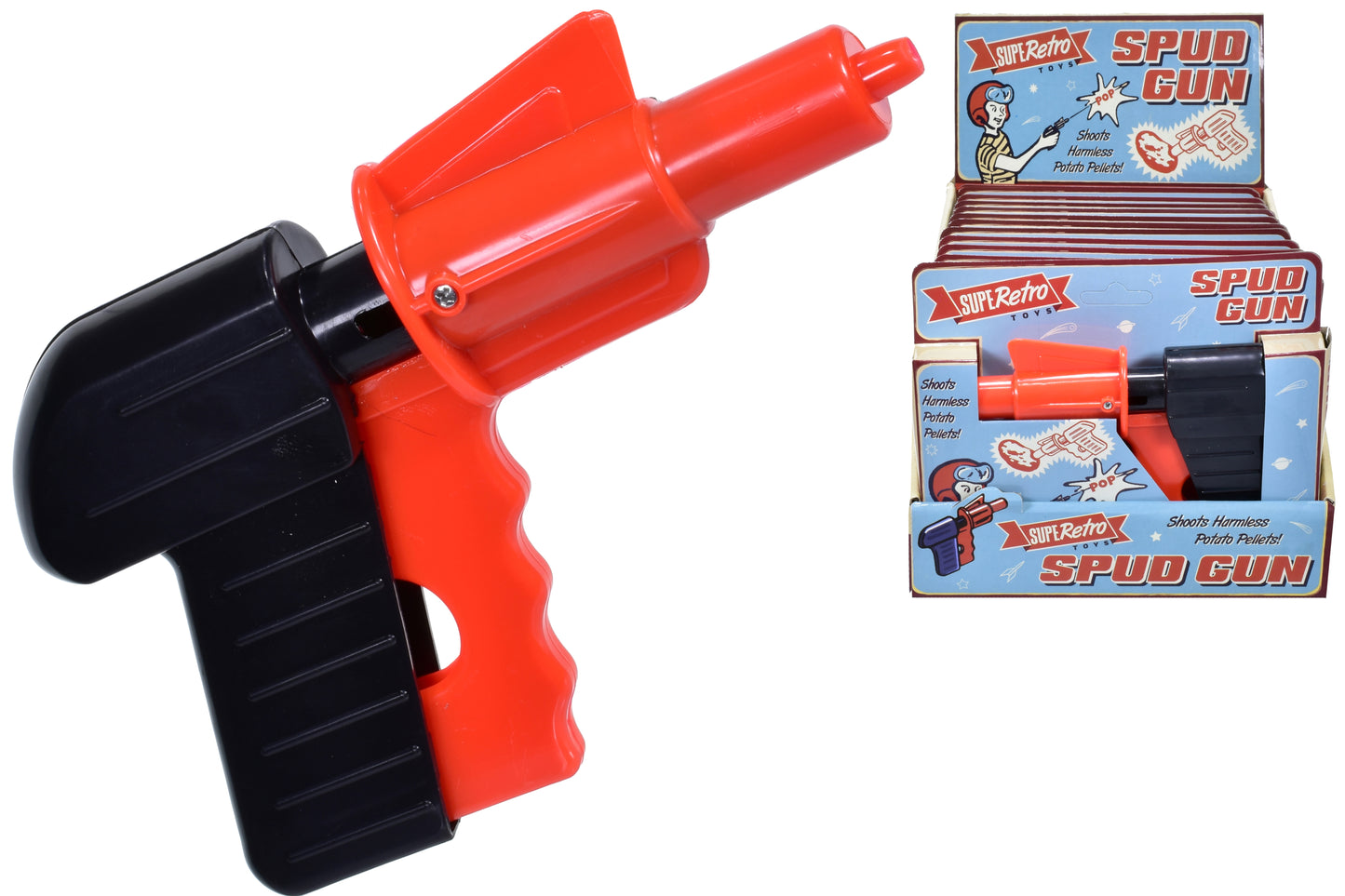 Pistolet à patates : Un plaisir authentique dans une boîte de présentation ouverte