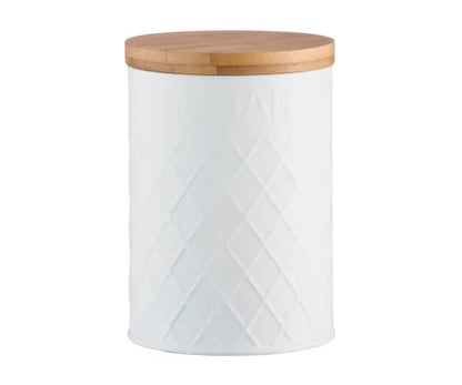 Pot de rangement élégant en relief blanc pour la cuisine rangée.