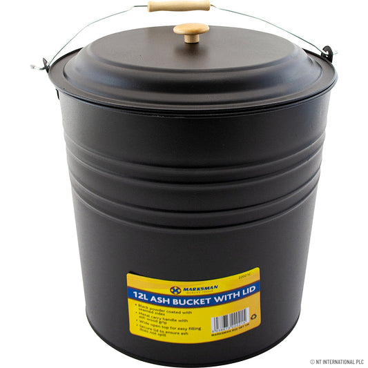 Seau à cendres durable de 12 L avec couvercle - Noir | Accessoire de cheminée pratique.
