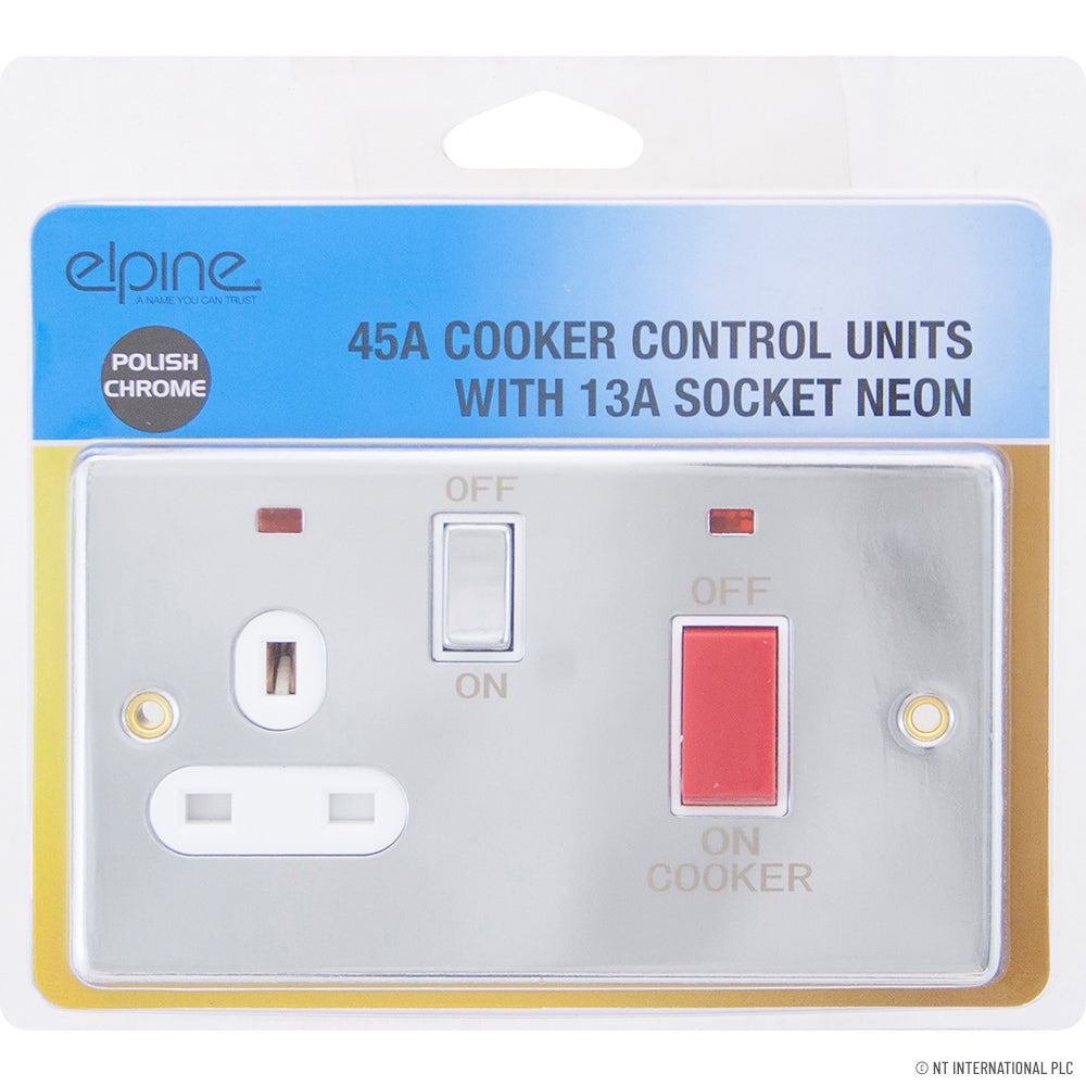 Améliorez votre cuisine avec le combiné Interrupteur de cuisinière 45A et prise 13A Néon Chrome.