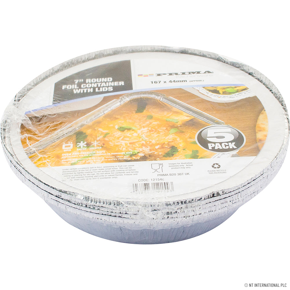 Barquettes rondes en aluminium 5 pièces de 18 cm avec couvercles – Idéales pour la conservation des aliments et les plats à emporter