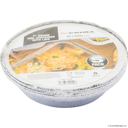 Barquettes rondes en aluminium 5 pièces de 18 cm avec couvercles – Idéales pour la conservation des aliments et les plats à emporter