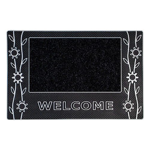 Paillasson en PVC métallique Rico 45x70cm - Fleurs Argent/Noir | Décoration d'entrée élégante.