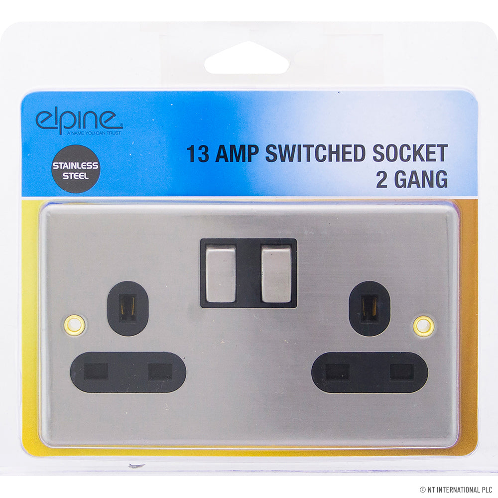 13A 2 Gang Switched Socket in Sleek Stainless Steel