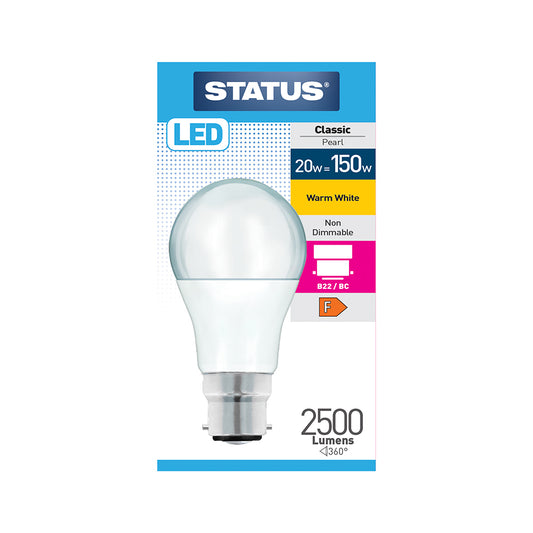 20w = 150w = 2500 lumens -LED - A80 GLS - B22 - PA -Pearl - Warm White - 1 pk box