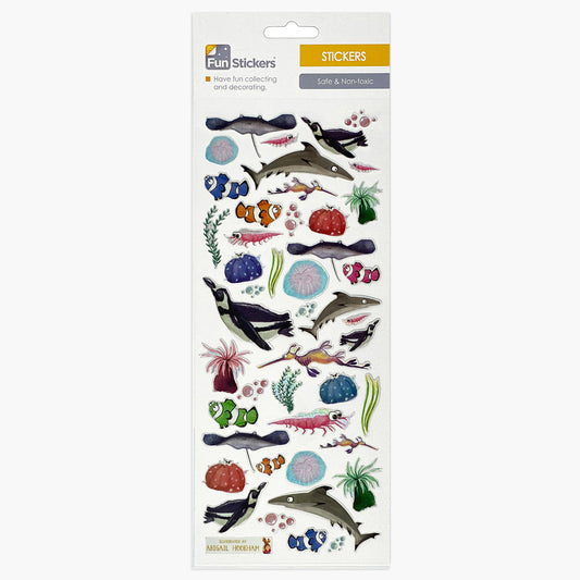 Fun stickers Undersea World Animals, Wildlife, Sea Life, Sharks, Stingrays, Penguins, Fish, Clownfish, Bubbles, Coral, Seaweed, Jellyfish, Sea Urchins, Shrimp