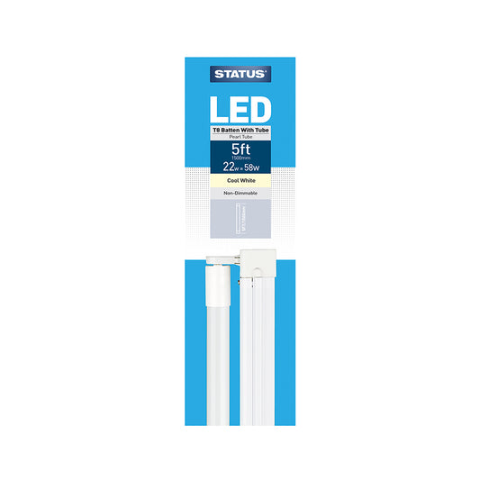 5ft/1500mm - 22w = 1900 lumens -LED - T8 Tube - Batten Fitting - Pearl - Cool White - 1 pk box