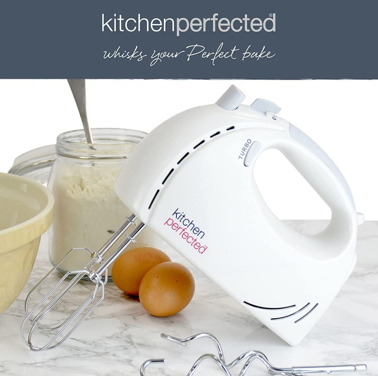 KitchenPerfected 200w Hand Whisk - 5 Speed Selection - Turbo Function - 2 Beater Attachments - 2 Hook Attachments - Eject Button -White - E5433WH