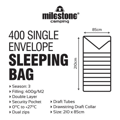 Single Envelope Sleeping Bag - 400gsm - 3 Seasons