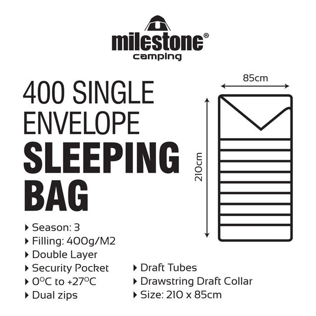 Single Envelope Sleeping Bag - 400gsm - 3 Seasons