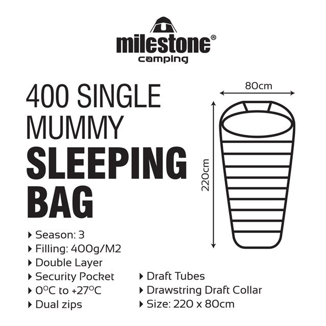 Single Mummy Sleeping Bag - 400gsm- 3 Seasons