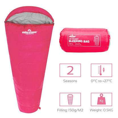 Mummy Sleeping Bag - Pink - Single - 2 Seasons