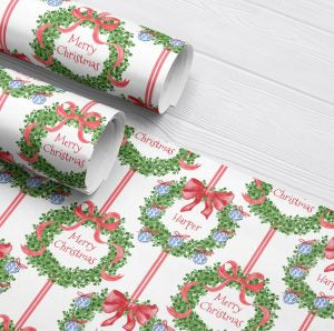 PERSONALISED CHRISTMAS WRAPPING PAPER ‘RED WREATH’
