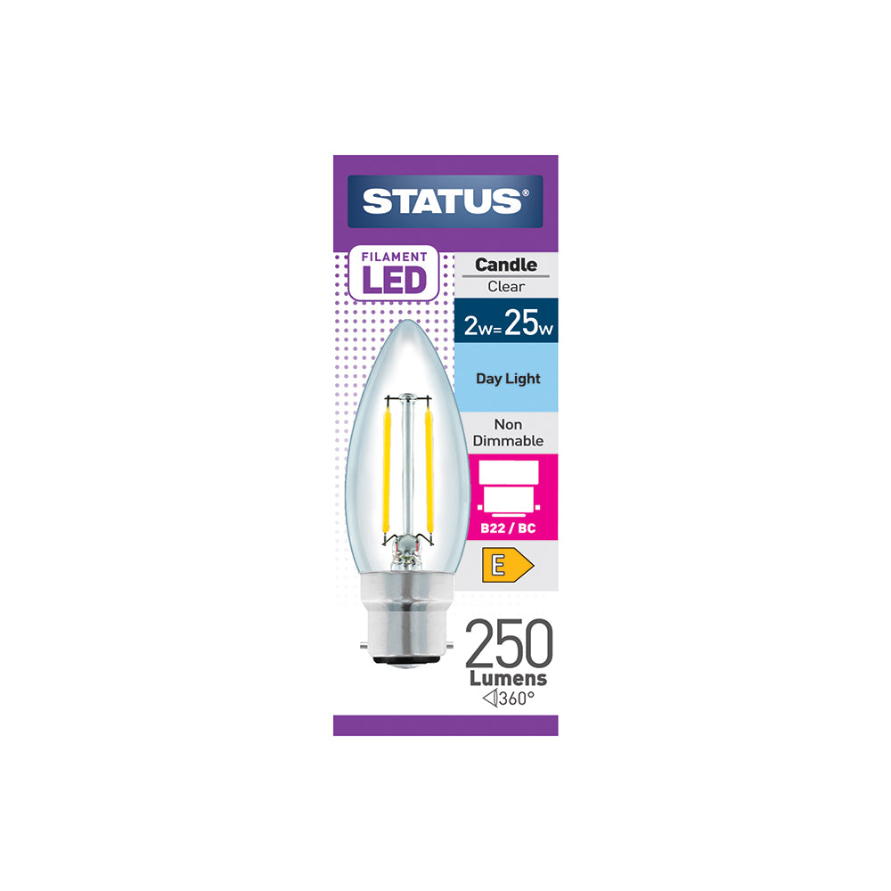 2w = 25w = 270 lumens - Filament LED - Candle - BC - Clear - Day Light - 1pk box