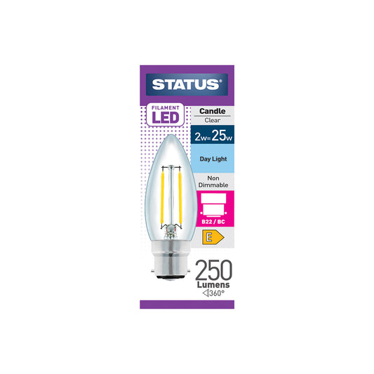 2w = 25w = 270 lumens - Filament LED - Candle - BC - Clear - Day Light - 1pk box