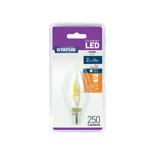 2w = 25w = 250 lumens -Filament LED - Candle - SES - Clear - Warm White - 1 pk