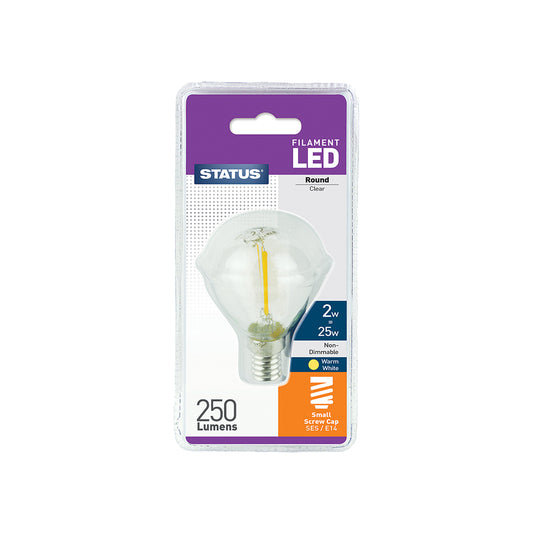 2w = 25w = 250 lumens - Filament LED - Round - SES - Clear - Warm White - 1 pk