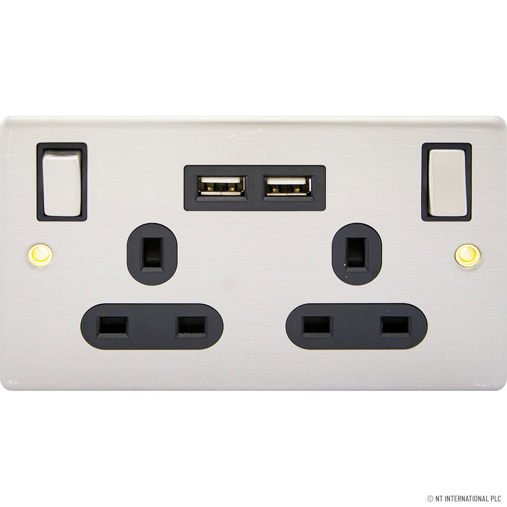 13A Double Socket - 2 USB 2.4A S/Steel