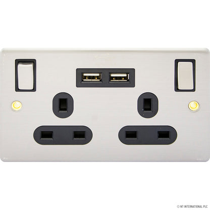 13A Double Socket - 2 USB 2.4A S/Steel