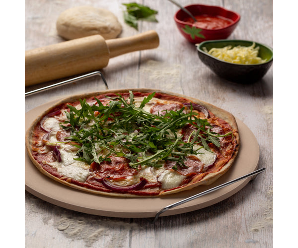 Enhance Your Pizza Experience with World Foods 13" Pizza Stone and Serving Rack.