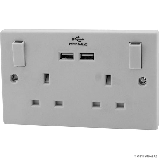 Double Switched Socket with 2 USB Ports in Elegant White Finish.