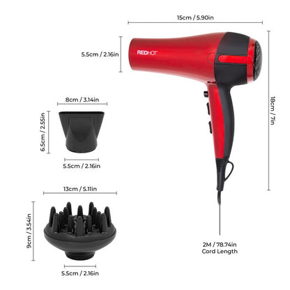 RedHot Professional Hair Dryer with Diffuser - Red