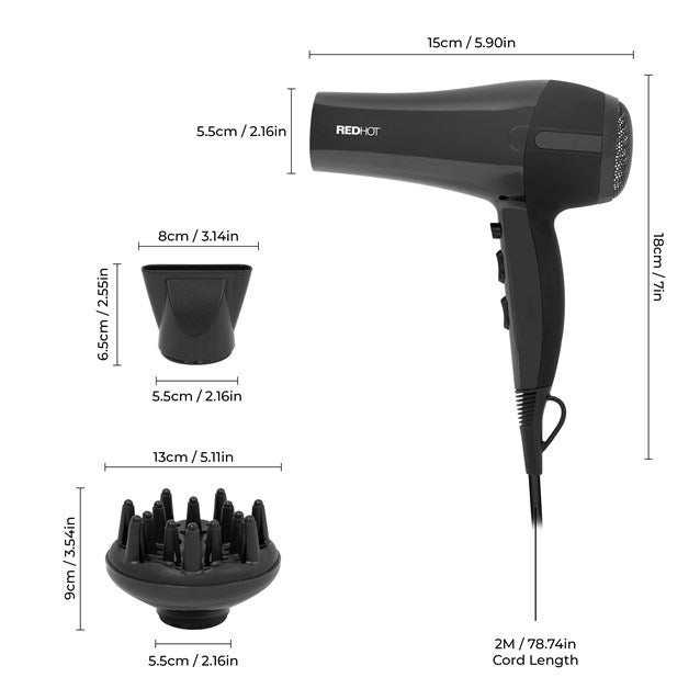 RedHot Professional Hair Dryer with Diffuser Black