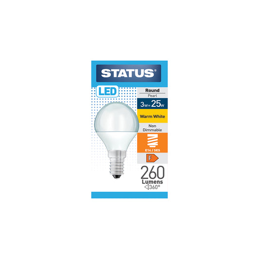 3w = 25w = 260 lumens - LED - Round - E14 - PA - Pearl - Warm White - 1 pk