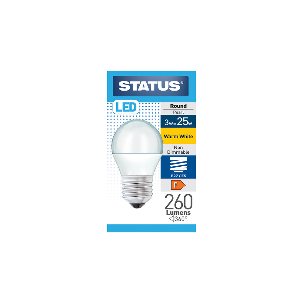 3w = 25w = 260 lumens -LED - Round - E27 - PA - Pearl - Warm White - 1 pk box