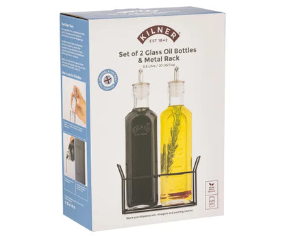 Kilner LOT DE 2 BOUTEILLES À HUILE ET SUPPORT MÉTALLIQUE 0,6 LITRE