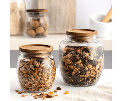 Bocaux universels en verre de 0,85 L avec couvercle en bois d'acacia de qualité supérieure | Solution de rangement écologique.