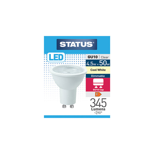 4.5w = 50w = 345 lumens - Dimmable LED - GU10 - 38° - Clear - Cool White - 4000k -1 pk box