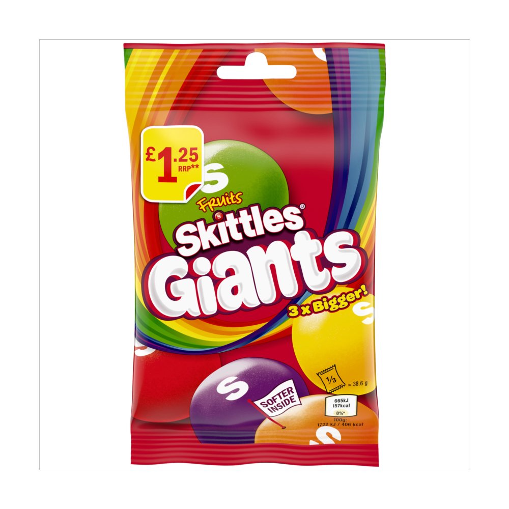 Skittles Giants Bonbons Tendres Vegans Saveurs Fruits Sachet Friandise Prix de Vente Conseillé £1.25 116g