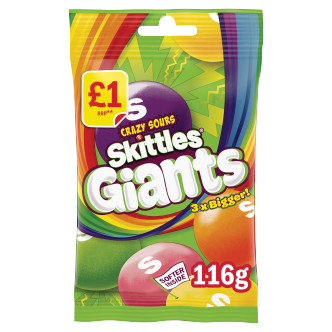 Skittles Giant Sour Flavoured Treat Bag £1 Pm 116g Vegan