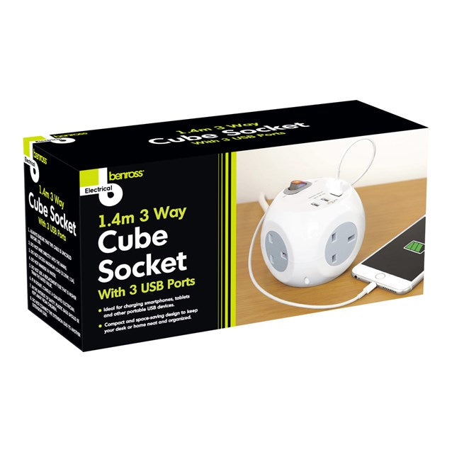 3 Way 1.4M Cube Socket With 3 USB Ports