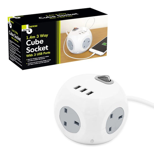 3 Way 1.4M Cube Socket With 3 USB Ports