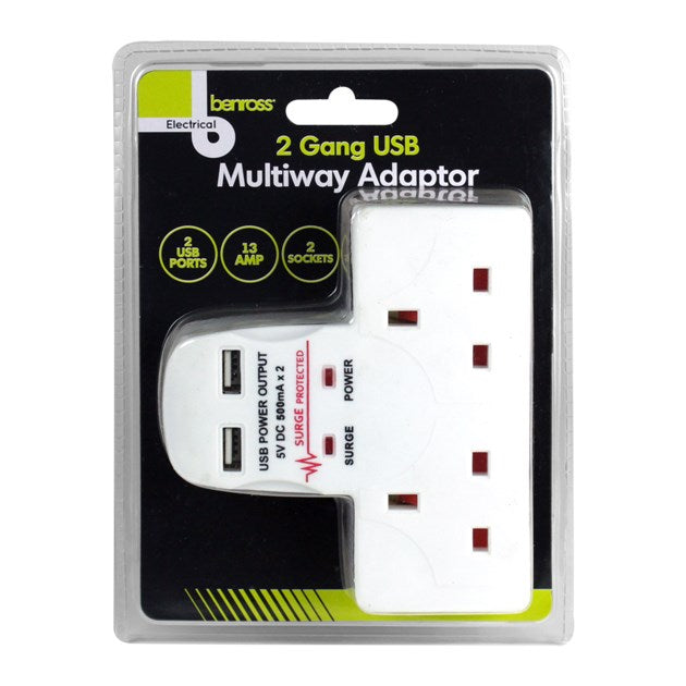 2 Way Wall Adaptor With 2 USB Ports - 1A