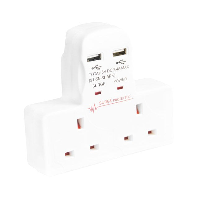 2 Way Wall Adaptor With 2 USB Ports - 2.4A