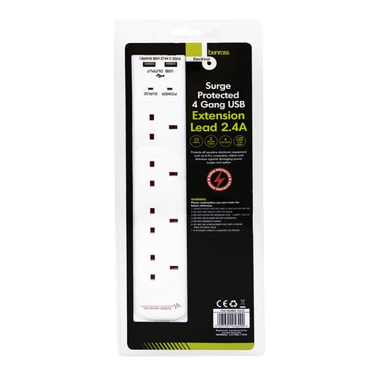 Multiprise parasurtenseur 4 prises 2m avec 2 ports USB 2.4A