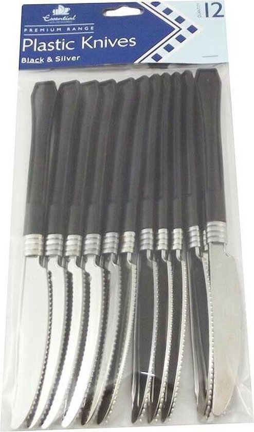 12x SILVER LOOK PLASTIC CUTLERY WITH BLACK KNIVES