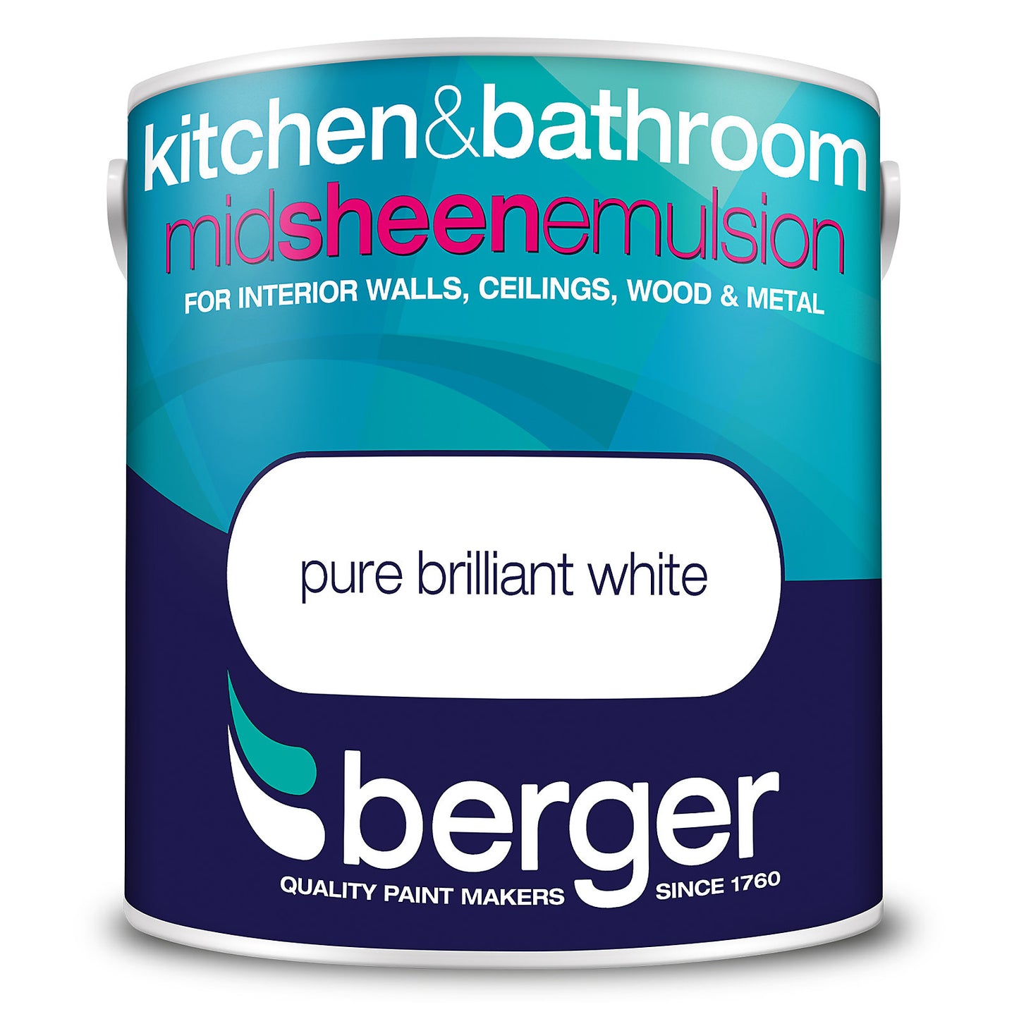 Berger Kitchen & Bathroom Mid Sheen Paint Brilliant White - 2.5L