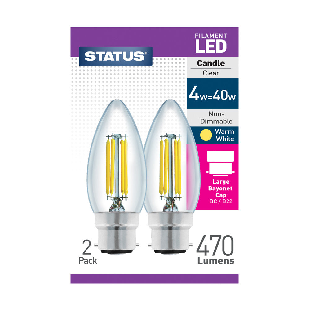 4w = 40w = 470 lumens-Filament LED - Candle - BC - Clear - Warm White - 2 pk box