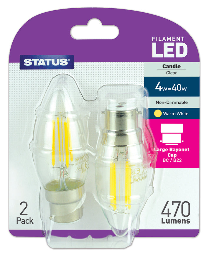 4w = 40w = 470 lumens - Filament LED - Candle - BC - Clear - Warm White - 2 pk