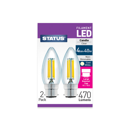 4w = 40w = 470 lumens - Filament LED - Candle - BC - Clear - Cool White 2 pk box