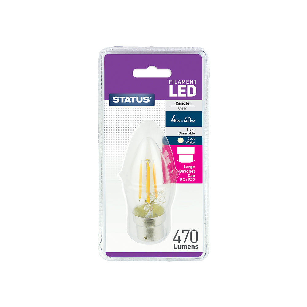 4w = 40w = 470 lumens - Filament LED - Candle - BC - Clear - Cool White