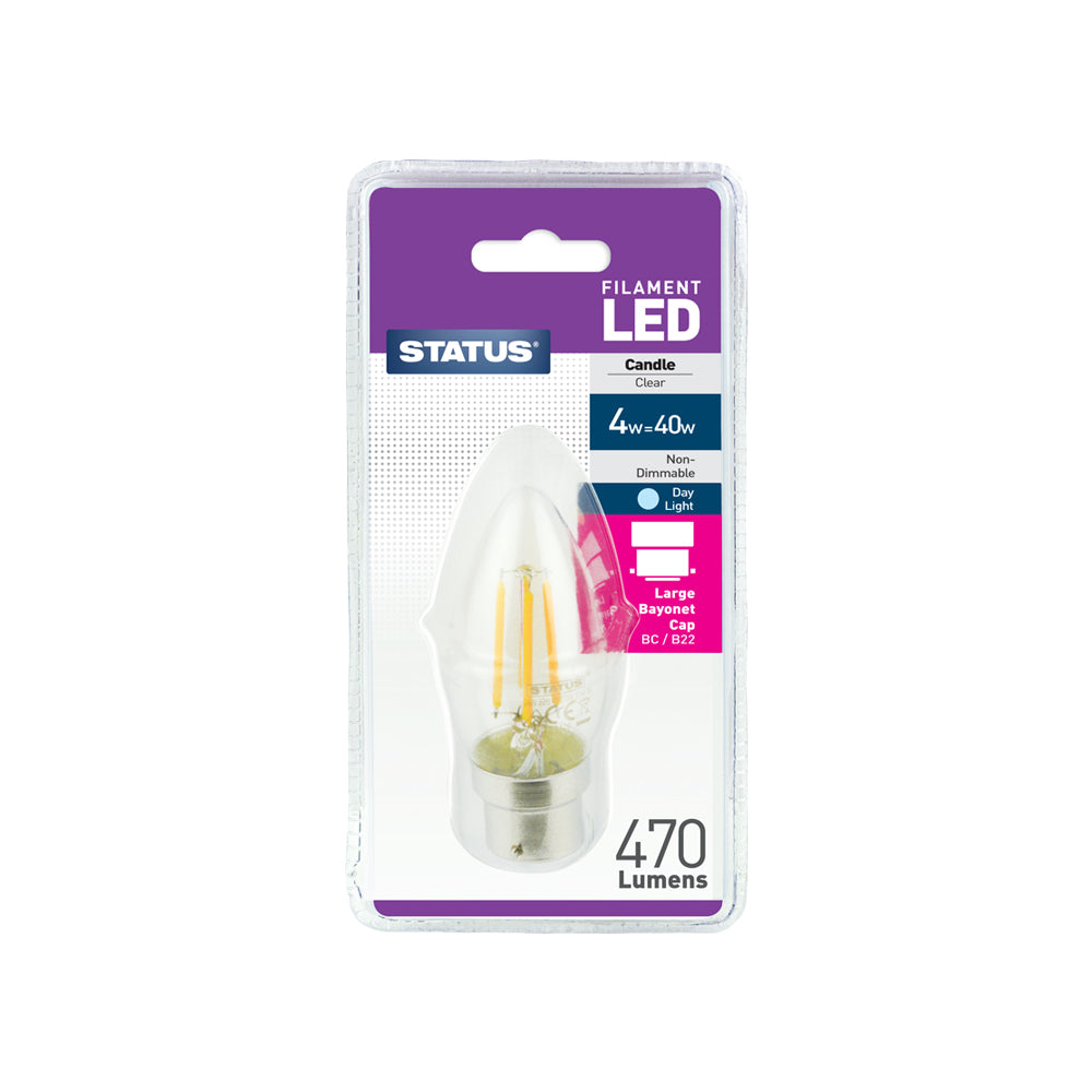 4w = 40w = 470 lumens - Filament LED - Candle - BC - Clear - Day Light - 1 pk