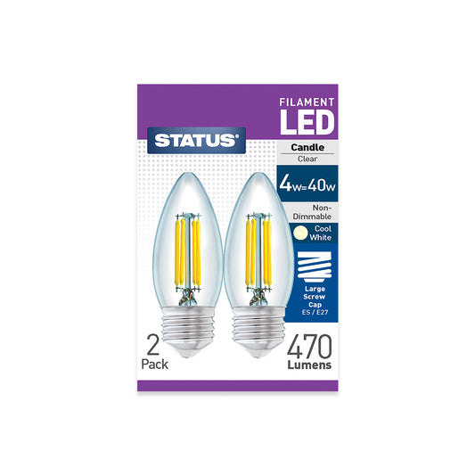 4w = 40w = 470 lumens - Filament LED - Candle - ES - Clear - Cool White - 2 pk box