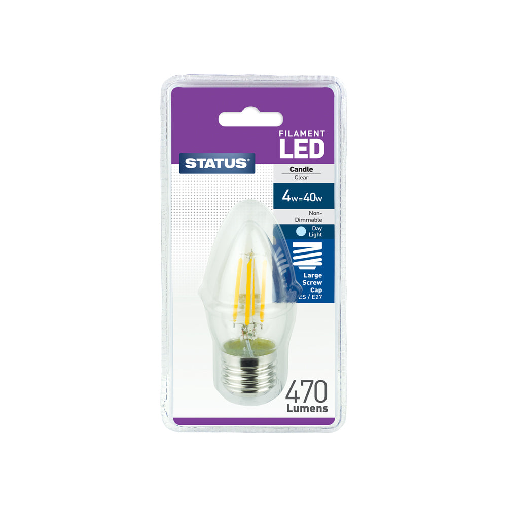 4w = 40w = 470 lumens - Filament LED - Candle - ES - Clear - Day Light - 1 pk