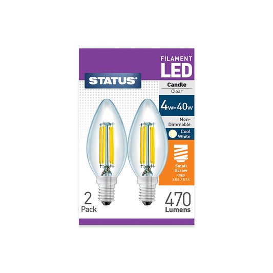 4w = 40w = 470 lumens -Filament LED - Candle - SES - Clear - Cool While 2 pk box